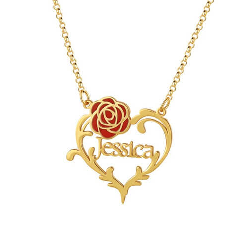 Personalised heart charm jewellery wholesale manufacturing company custom red enamel name necklace with flower suppliers websites